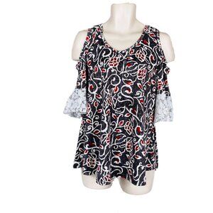 Womens Stem & Vine XL Gray Floral Open Shoulder Short Sleeve V-Neck Stretch Top